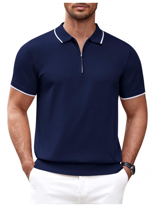 Coshow Mens Zipper Polo Shirt Casual Short Sleeve ...
