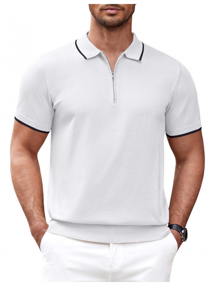 Coshow Mens Zipper Polo Shirt Casual Short Sleeve Knit Polo T Shirt Classic Fit Shirts