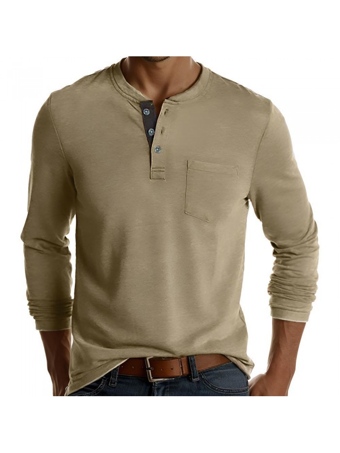 Coshow Mens Fashion Henley Shirts Long Sleeve Button T-Shirt Basic Casual Tee with Pocket
