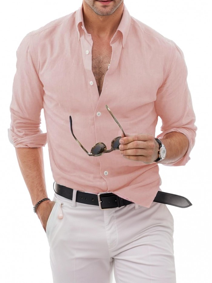 Coshow Mens Button Down Long Sleeve Dress Shirt Casual Sleeve Stylish Cotton Linen Beach Shirts for Men