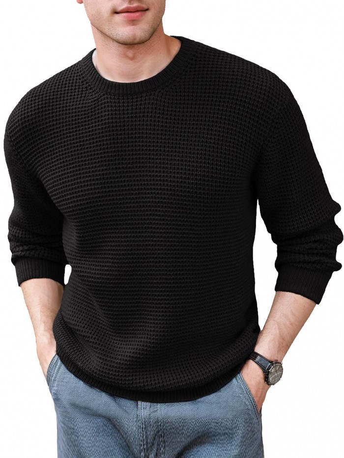 Coshow Mens Crewneck Pullover Sweater Waffle Textured Long Sleeve Knitted Sweaters