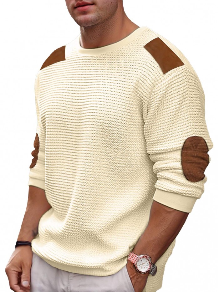 Coshow Mens Crewneck Pullover Sweater Waffle Textured Long Sleeve Knitted Sweaters with Elbow Patches
