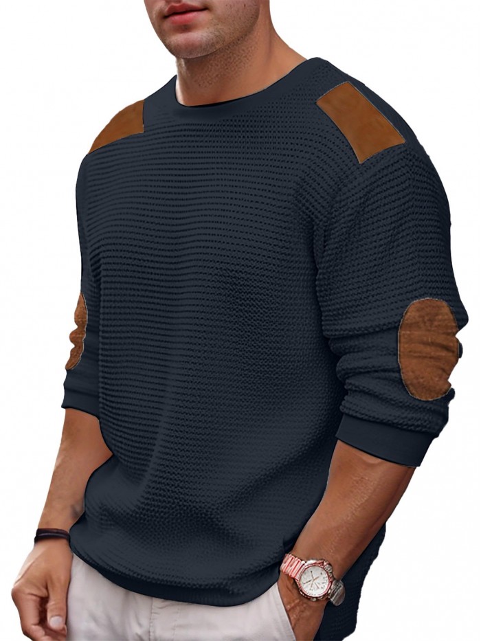 Coshow Mens Crewneck Pullover Sweater Waffle Textured Long Sleeve Knitted Sweaters with Elbow Patches
