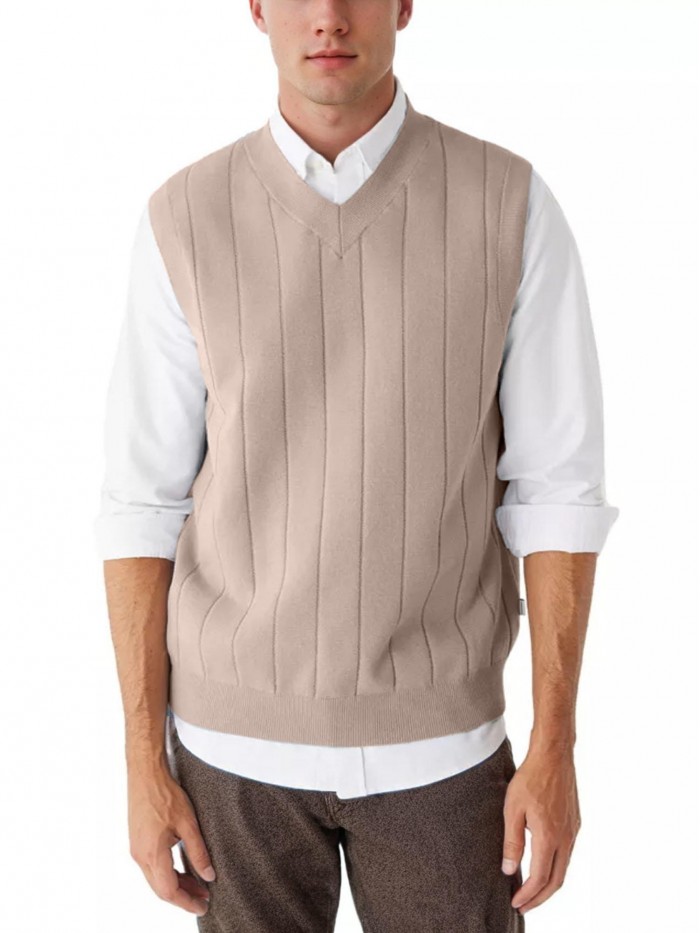 Coshow Men’s Blended Cable Knit Sweater Vest V Neck Relaxed Fit Sleeveless Pullovers